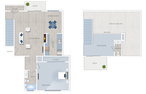 Floor plan for 1 bed, 2 baths